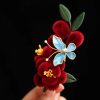 Horquilla de Flor Roja y Mariposa Azul China Chinese Blue Butterfly Red Flower Hairpin