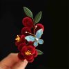 Horquilla de Flor Roja y Mariposa Azul China Chinese Blue Butterfly Red Flower Hairpin