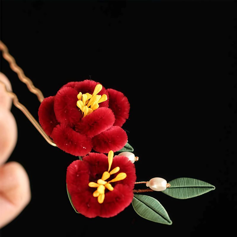 Horquilla de Flor Roja y Mariposa Azul China Chinese Blue Butterfly Red Flower Hairpin