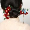 Horquilla de Flor Roja y Mariposa Azul China Chinese Blue Butterfly Red Flower Hairpin