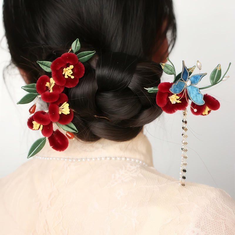 Horquilla de Flor Roja y Mariposa Azul China Chinese Blue Butterfly Red Flower Hairpin
