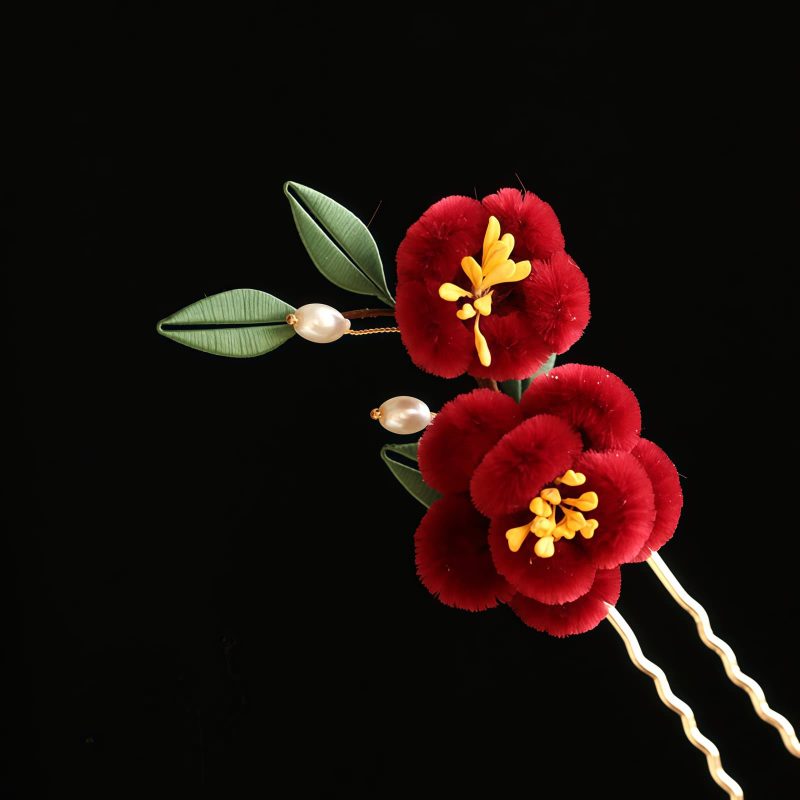 Horquilla de Flor Roja y Mariposa Azul China Chinese Blue Butterfly Red Flower Hairpin