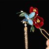 Horquilla de Flor Roja y Mariposa Azul China Chinese Blue Butterfly Red Flower Hairpin