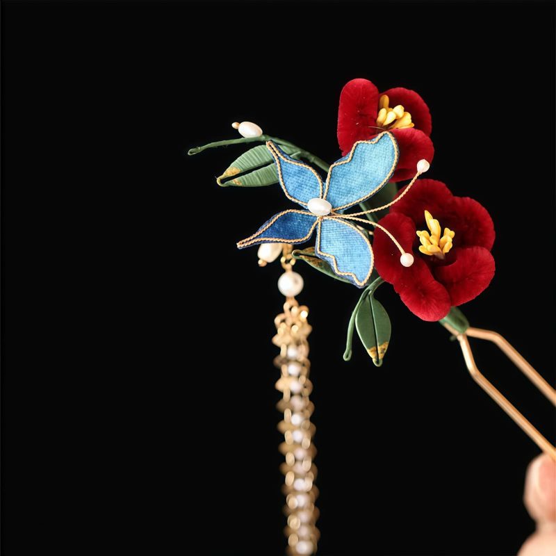 Horquilla de Flor Roja y Mariposa Azul China Chinese Blue Butterfly Red Flower Hairpin