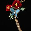 Horquilla de Flor Roja y Mariposa Azul China Chinese Blue Butterfly Red Flower Hairpin