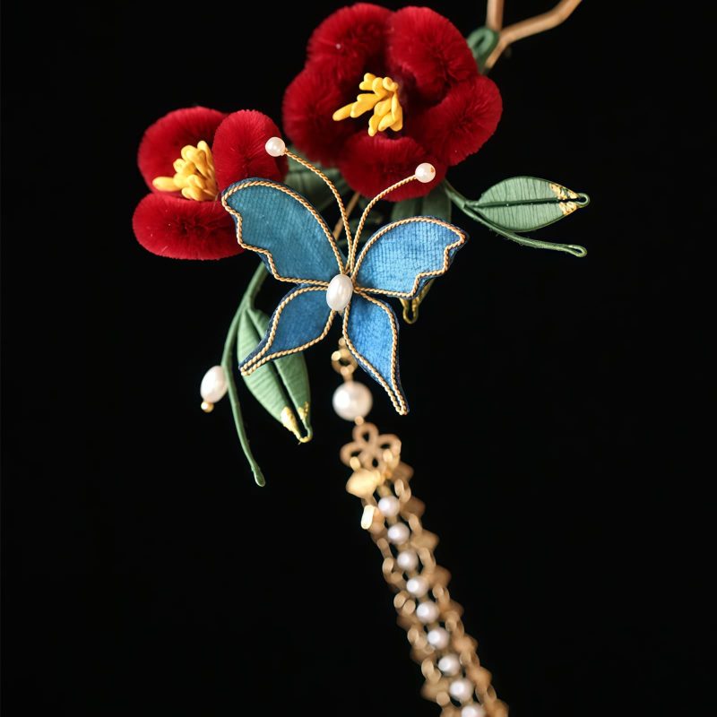 Horquilla de Flor Roja y Mariposa Azul China Chinese Blue Butterfly Red Flower Hairpin