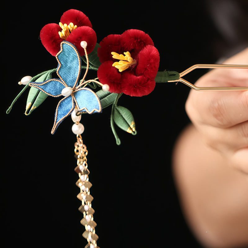 Horquilla de Flor Roja y Mariposa Azul China Chinese Blue Butterfly Red Flower Hairpin