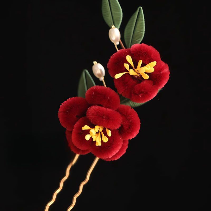 Horquilla de Flor Roja y Mariposa Azul China Chinese Blue Butterfly Red Flower Hairpin
