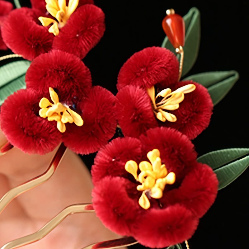 Horquilla de Flor Roja y Mariposa Azul China Chinese Blue Butterfly Red Flower Hairpin