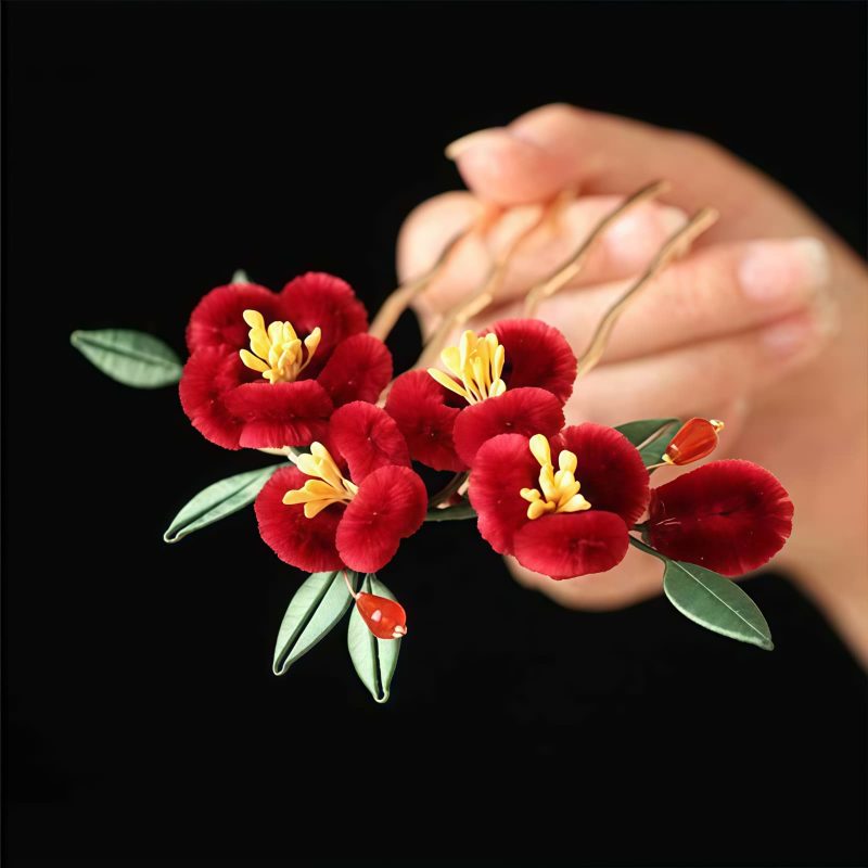 Horquilla de Flor Roja y Mariposa Azul China Chinese Blue Butterfly Red Flower Hairpin