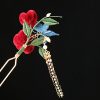 Horquilla de Flor Roja y Mariposa Azul China Chinese Blue Butterfly Red Flower Hairpin