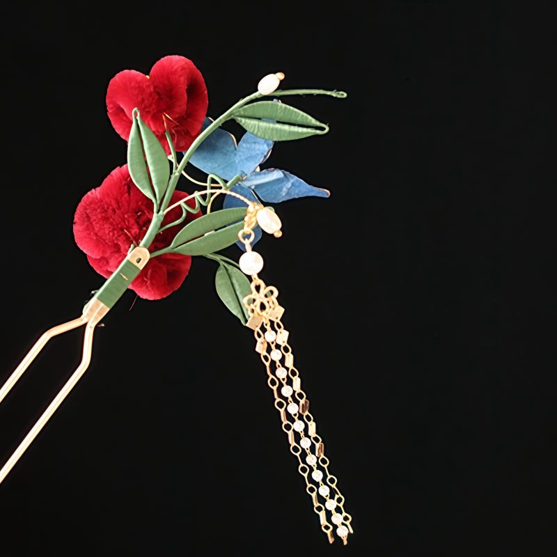 Horquilla de Flor Roja y Mariposa Azul China Chinese Blue Butterfly Red Flower Hairpin