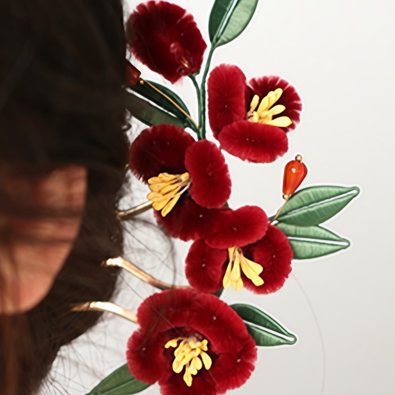 Horquilla de Flor Roja y Mariposa Azul China Chinese Blue Butterfly Red Flower Hairpin