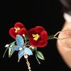 Horquilla de Flor Roja y Mariposa Azul China Chinese Blue Butterfly Red Flower Hairpin