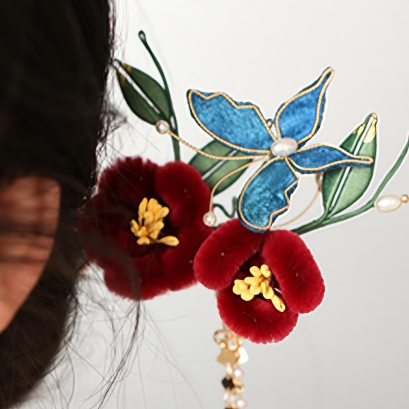 Horquilla de Flor Roja y Mariposa Azul China Chinese Blue Butterfly Red Flower Hairpin