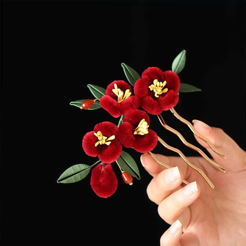 Horquilla de Flor Roja y Mariposa Azul China Chinese Blue Butterfly Red Flower Hairpin