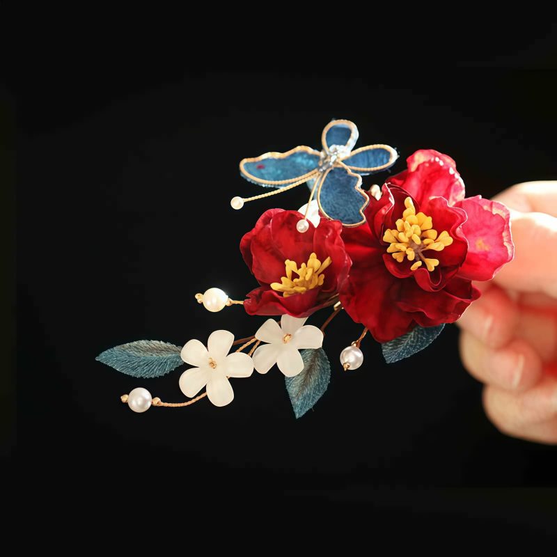 Pasador de Pelo de Camelia Roja Estilo Chino Hecho a Mano Chinese Style Handmade Red Camellia Hair Clip