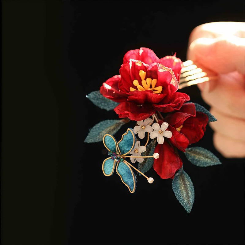 Pasador de Pelo de Camelia Roja Estilo Chino Hecho a Mano Chinese Style Handmade Red Camellia Hair Clip