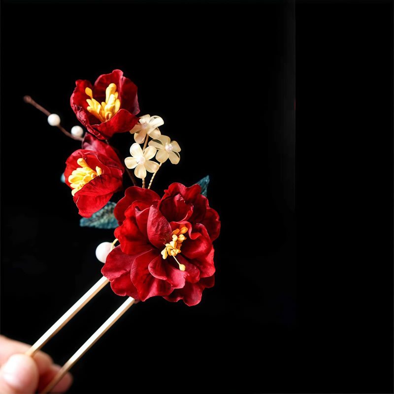 Pasador de Pelo de Camelia Roja Estilo Chino Hecho a Mano Chinese Style Handmade Red Camellia Hair Clip