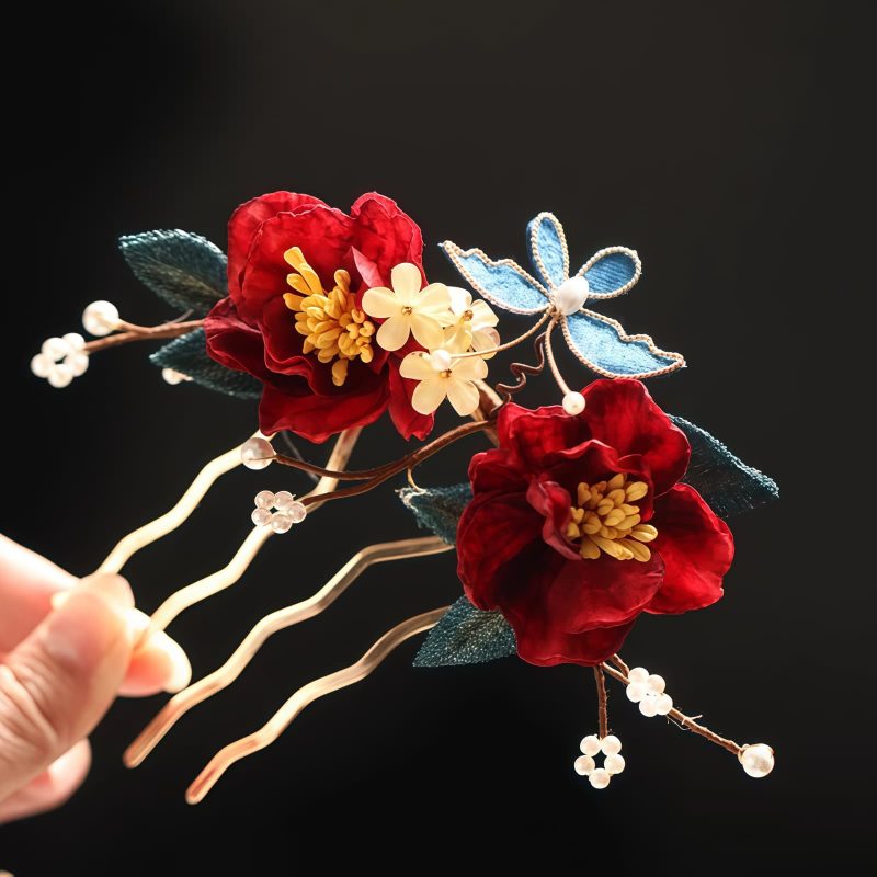 Pasador de Pelo de Camelia Roja Estilo Chino Hecho a Mano Chinese Style Handmade Red Camellia Hair Clip