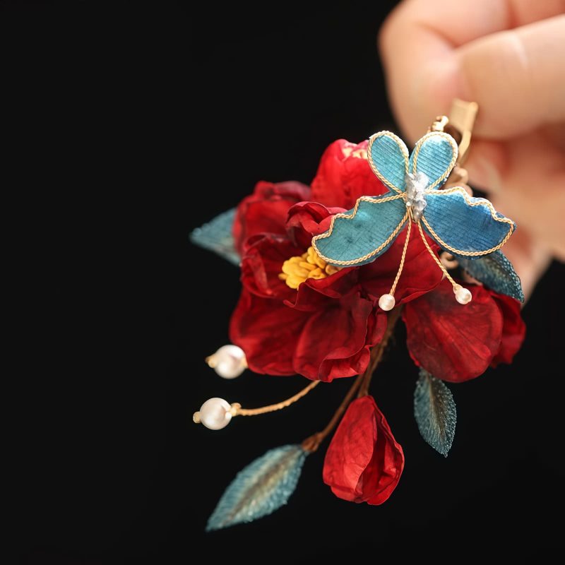 Pasador de Pelo de Camelia Roja Estilo Chino Hecho a Mano Chinese Style Handmade Red Camellia Hair Clip