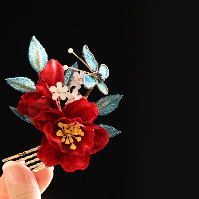 Pasador de Pelo de Camelia Roja Estilo Chino Hecho a Mano Chinese Style Handmade Red Camellia Hair Clip