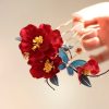 Pasador de Pelo de Camelia Roja Estilo Chino Hecho a Mano Chinese Style Handmade Red Camellia Hair Clip