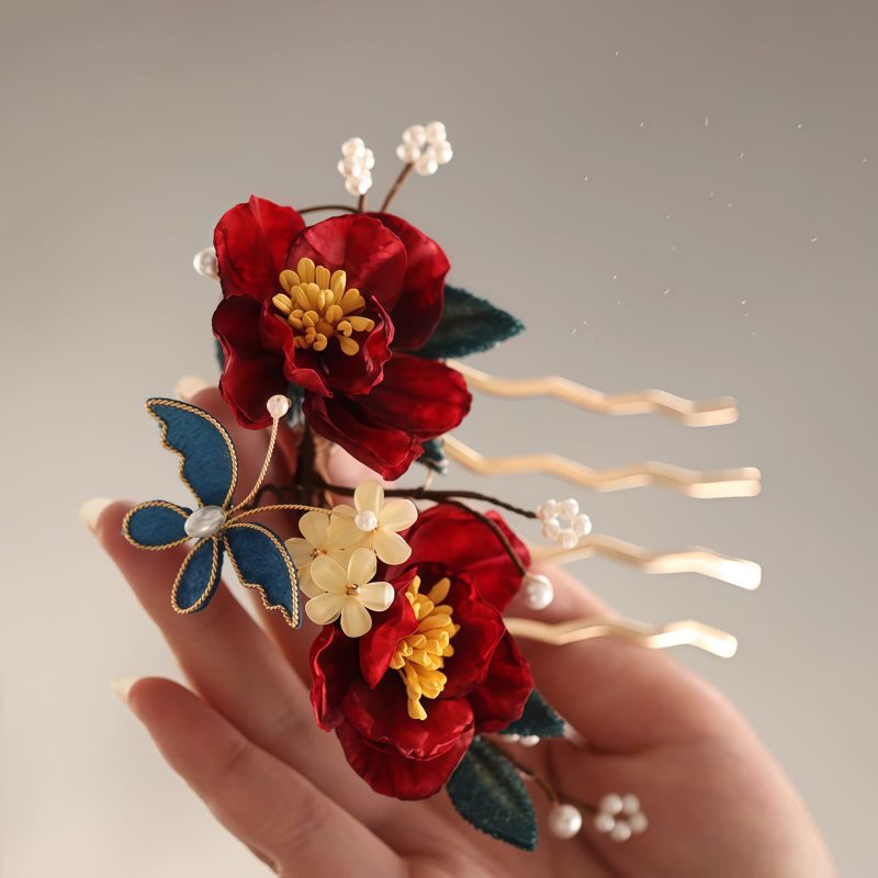 Pasador de Pelo de Camelia Roja Estilo Chino Hecho a Mano Chinese Style Handmade Red Camellia Hair Clip