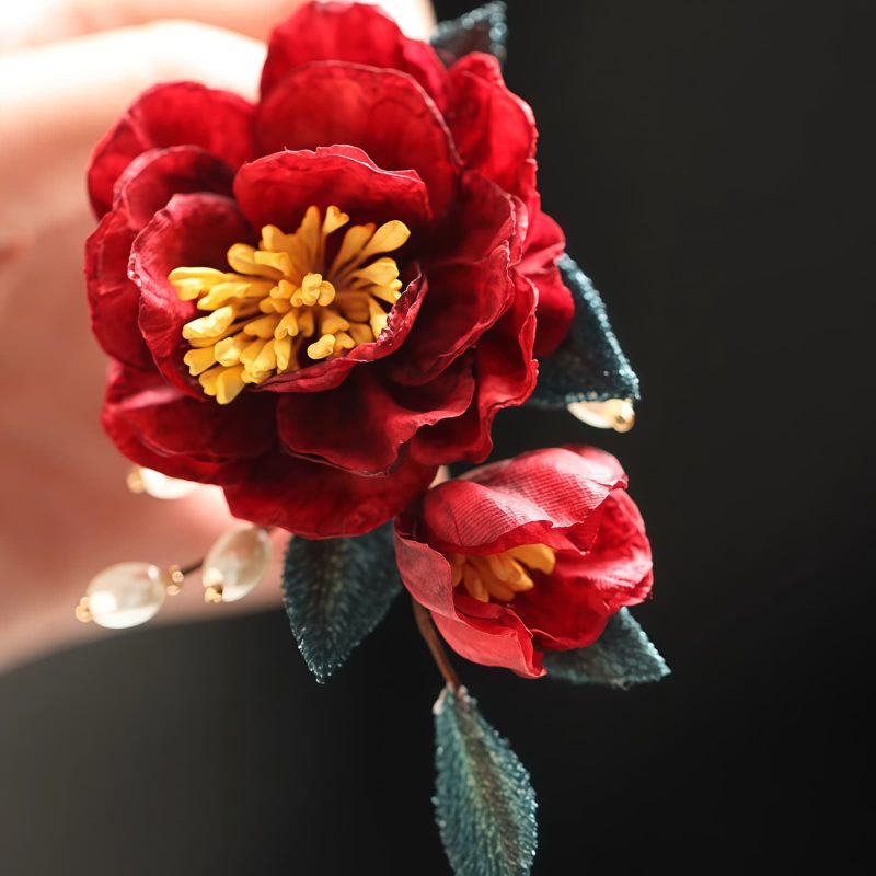 Pasador de Pelo de Camelia Roja Estilo Chino Hecho a Mano Chinese Style Handmade Red Camellia Hair Clip
