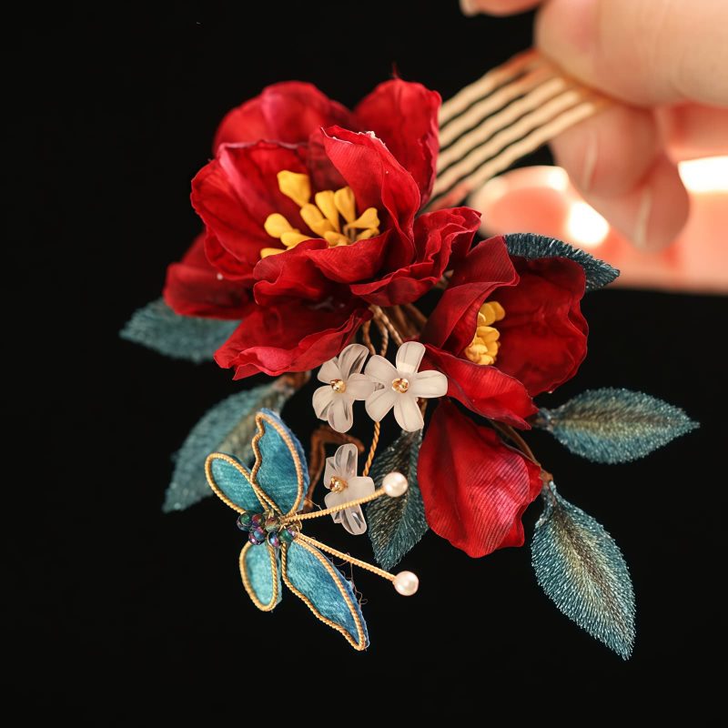 Pasador de Pelo de Camelia Roja Estilo Chino Hecho a Mano Chinese Style Handmade Red Camellia Hair Clip