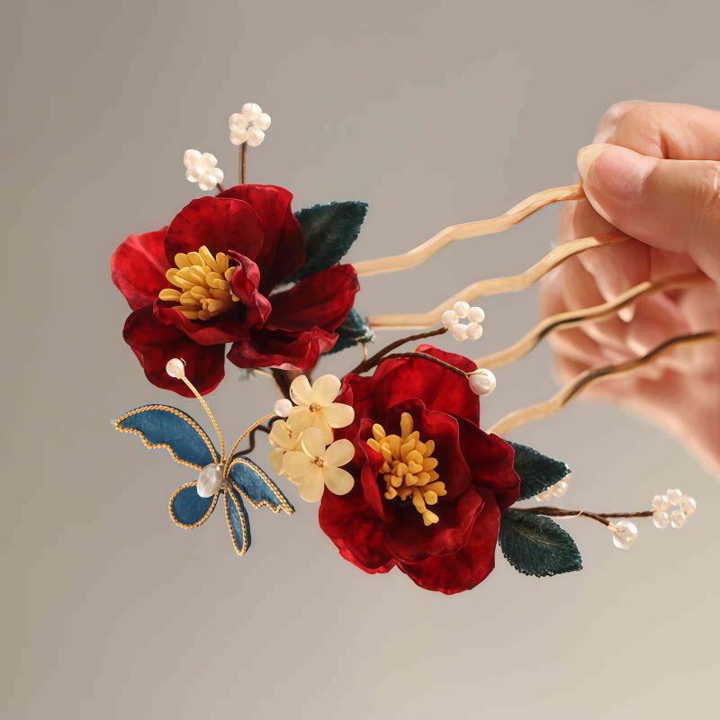 Pasador de Pelo de Camelia Roja Estilo Chino Hecho a Mano Chinese Style Handmade Red Camellia Hair Clip