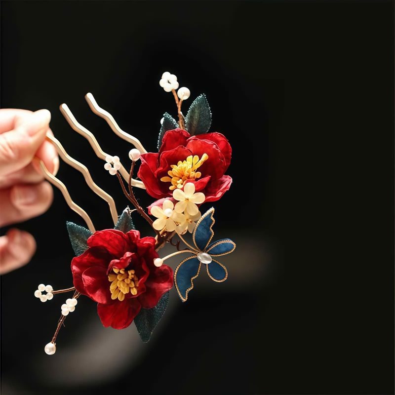 Pasador de Pelo de Camelia Roja Estilo Chino Hecho a Mano Chinese Style Handmade Red Camellia Hair Clip