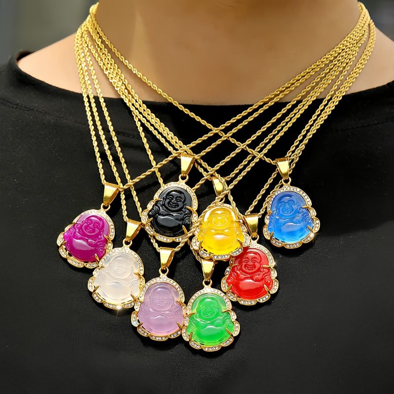 Collar de Buda Ríe de Jade con baño de Oro de 18K Gold-Filled Laughing Buddha Jade Necklace