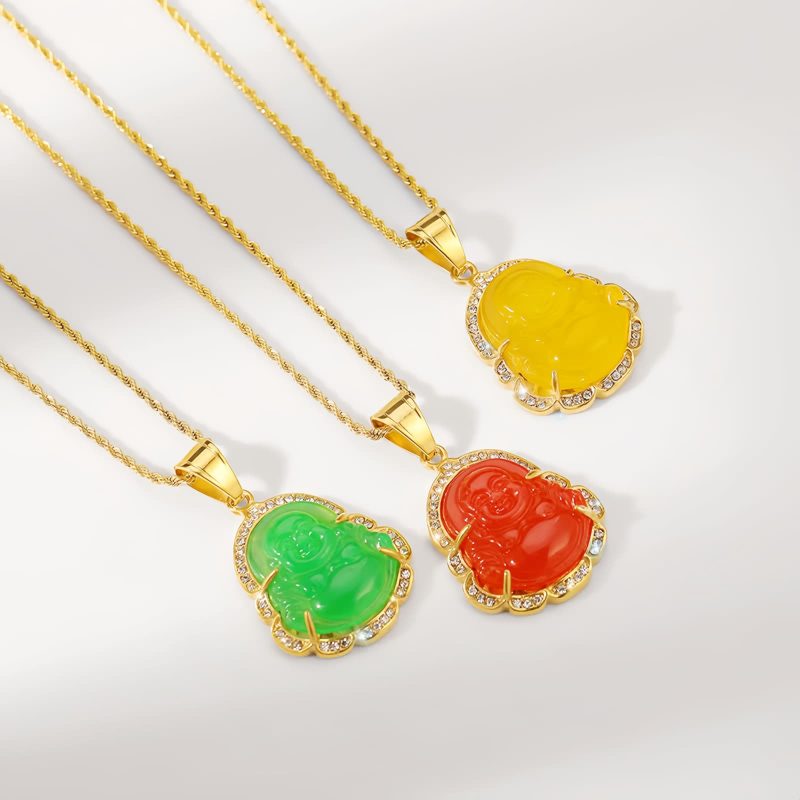 Collar de Buda Ríe de Jade con baño de Oro de 18K Gold-Filled Laughing Buddha Jade Necklace