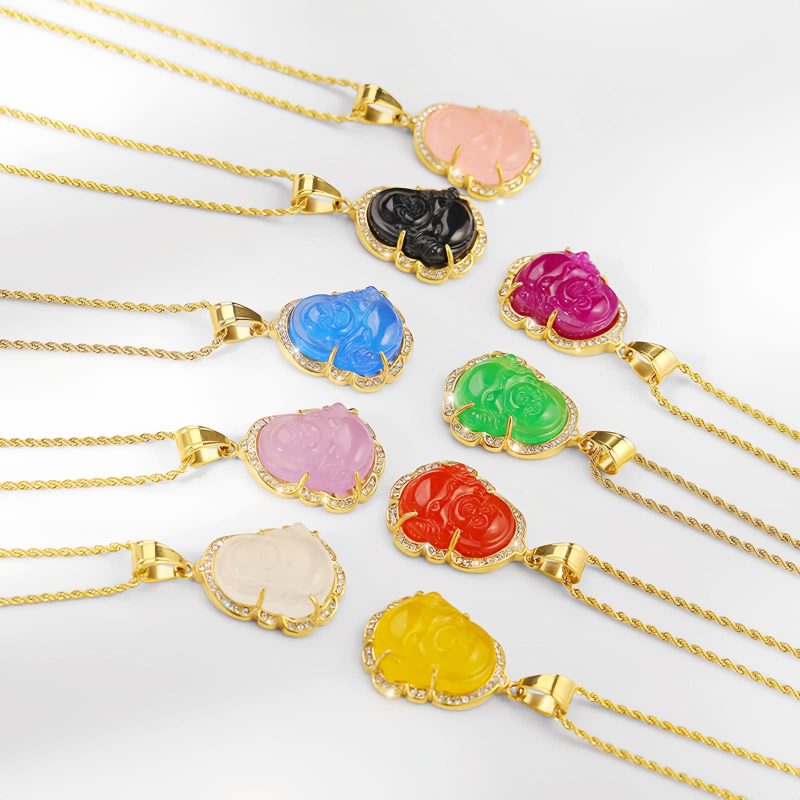 Collar de Buda Ríe de Jade con baño de Oro de 18K Gold-Filled Laughing Buddha Jade Necklace