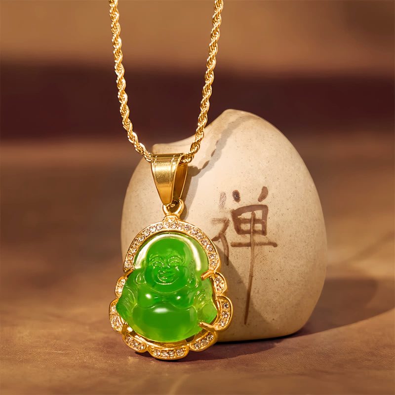 Collar de Buda Ríe de Jade con baño de Oro de 18K Gold-Filled Laughing Buddha Jade Necklace