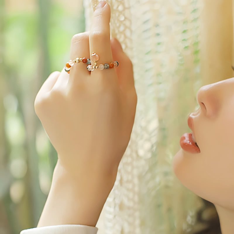 14金メッキ 福禄寿 ピーチムーンストーンリング 14k Gold Plated Fu Lu Shou Peach Moonstone Ring