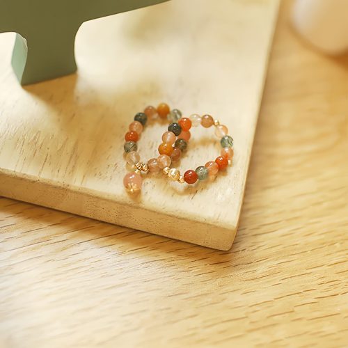 Anillo de Cuarzo Rosa y Piedra Luna Melocotón con baño de Oro de 14k Fu Lu Shou Anillo de Cuarzo Rosa y Piedra Luna Melocotón con baño de Oro de 14k Fu Lu Shou