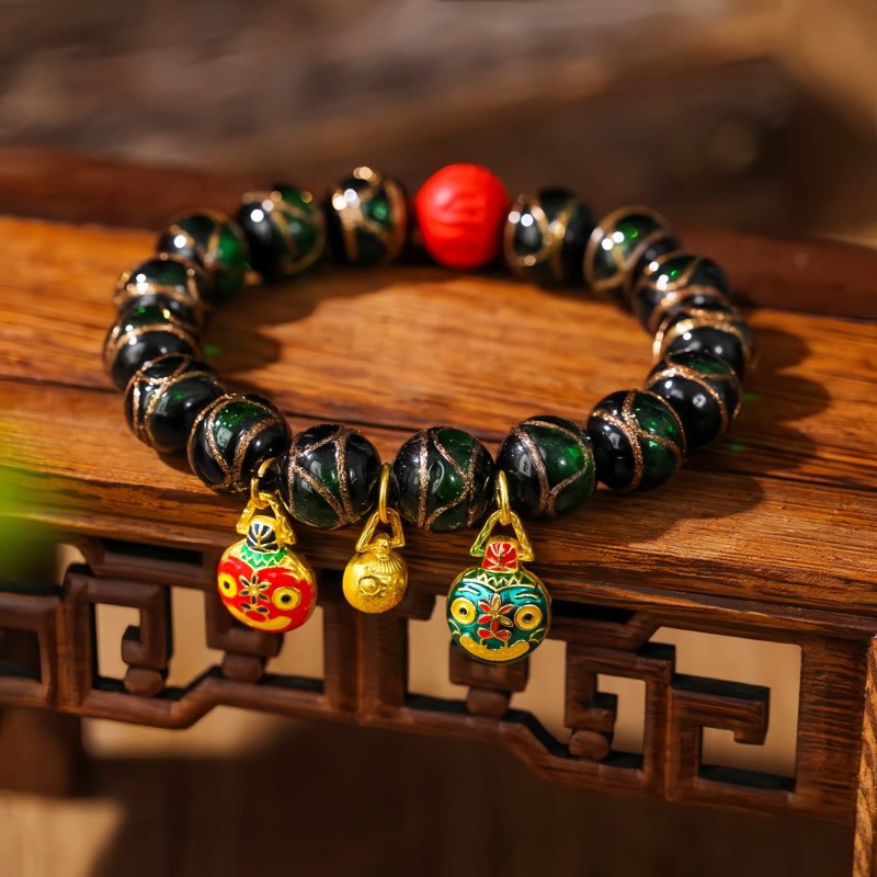 Pulsera de Cinabrio con Bestia Dorada que Devora - Multicolor Gold Swallowing Beast Colorful Cinnabar Bracelet