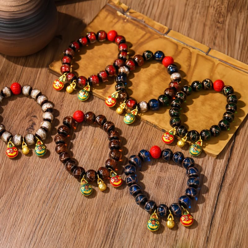 Pulsera de Cinabrio con Bestia Dorada que Devora - Multicolor Gold Swallowing Beast Colorful Cinnabar Bracelet