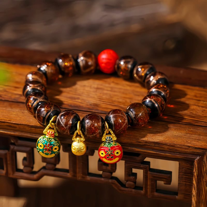 Pulsera de Cinabrio con Bestia Dorada que Devora - Multicolor Gold Swallowing Beast Colorful Cinnabar Bracelet