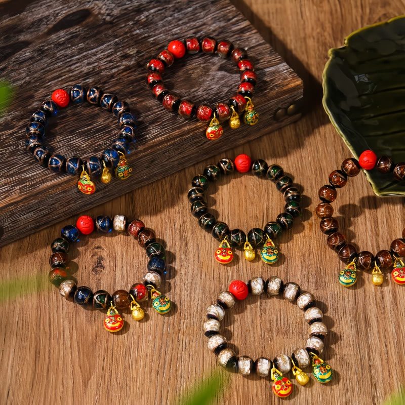 Pulsera de Cinabrio con Bestia Dorada que Devora - Multicolor Gold Swallowing Beast Colorful Cinnabar Bracelet