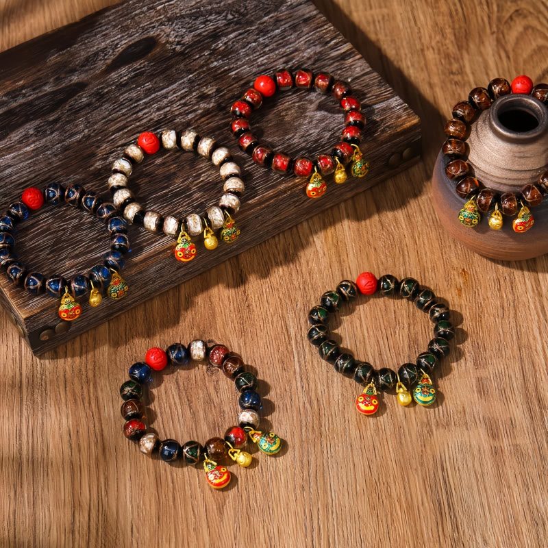 Pulsera de Cinabrio con Bestia Dorada que Devora - Multicolor Gold Swallowing Beast Colorful Cinnabar Bracelet