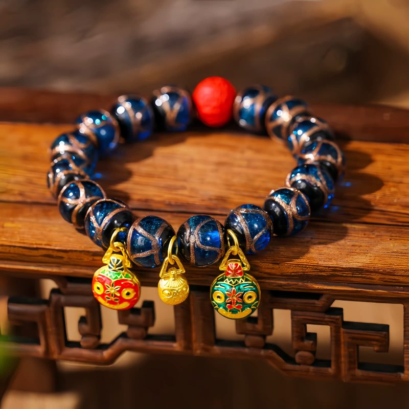 Pulsera de Cinabrio con Bestia Dorada que Devora - Multicolor Gold Swallowing Beast Colorful Cinnabar Bracelet