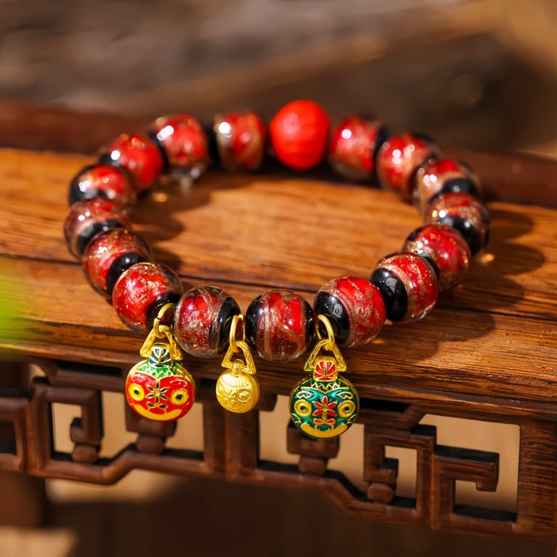 Pulsera de Cinabrio con Bestia Dorada que Devora - Multicolor Gold Swallowing Beast Colorful Cinnabar Bracelet