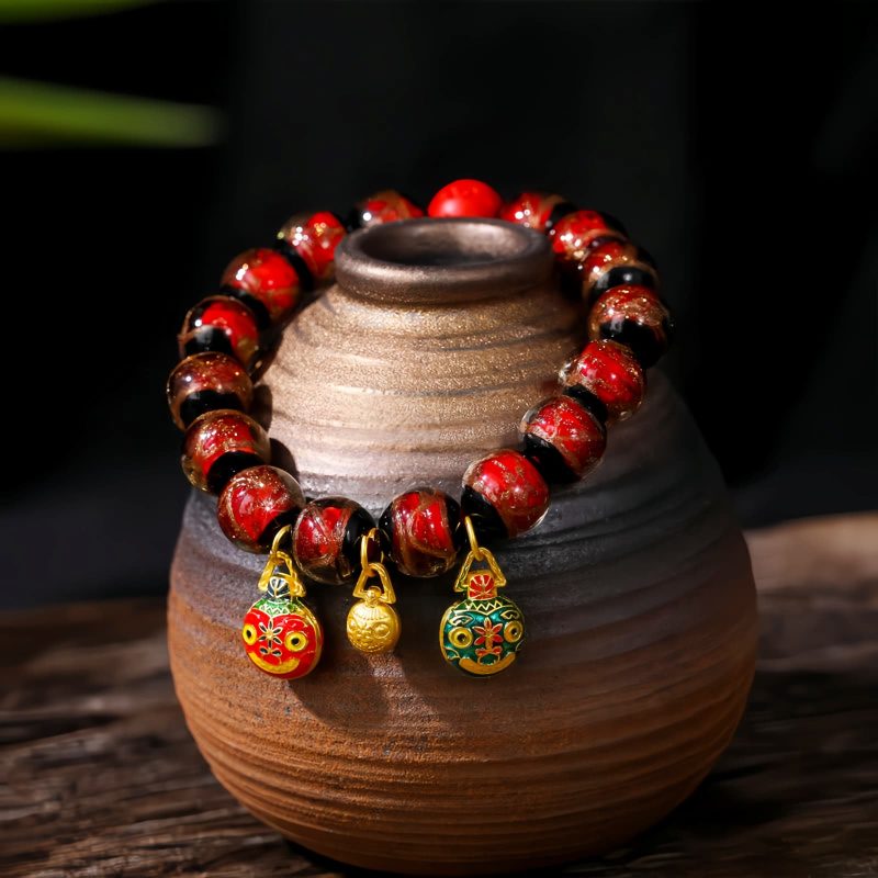 Pulsera de Cinabrio con Bestia Dorada que Devora - Multicolor Gold Swallowing Beast Colorful Cinnabar Bracelet