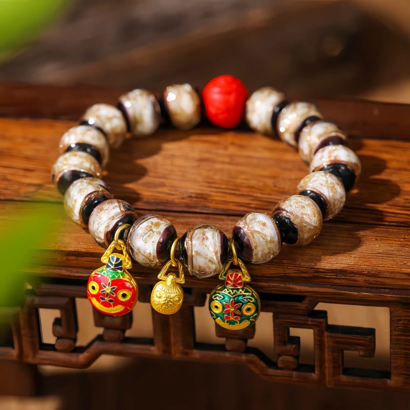 Pulsera de Cinabrio con Bestia Dorada que Devora - Multicolor Gold Swallowing Beast Colorful Cinnabar Bracelet