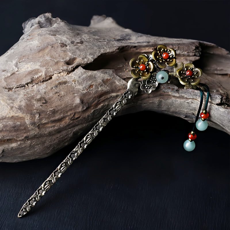 Horquilla Calmante con Aventurina Verde y Ágata Roja Floral Green Aventurine & Red Agate Floral Soothing Hairpin