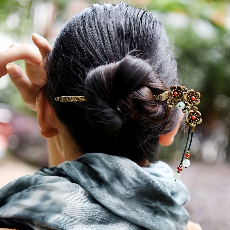 Horquilla Calmante con Aventurina Verde y Ágata Roja Floral Green Aventurine & Red Agate Floral Soothing Hairpin