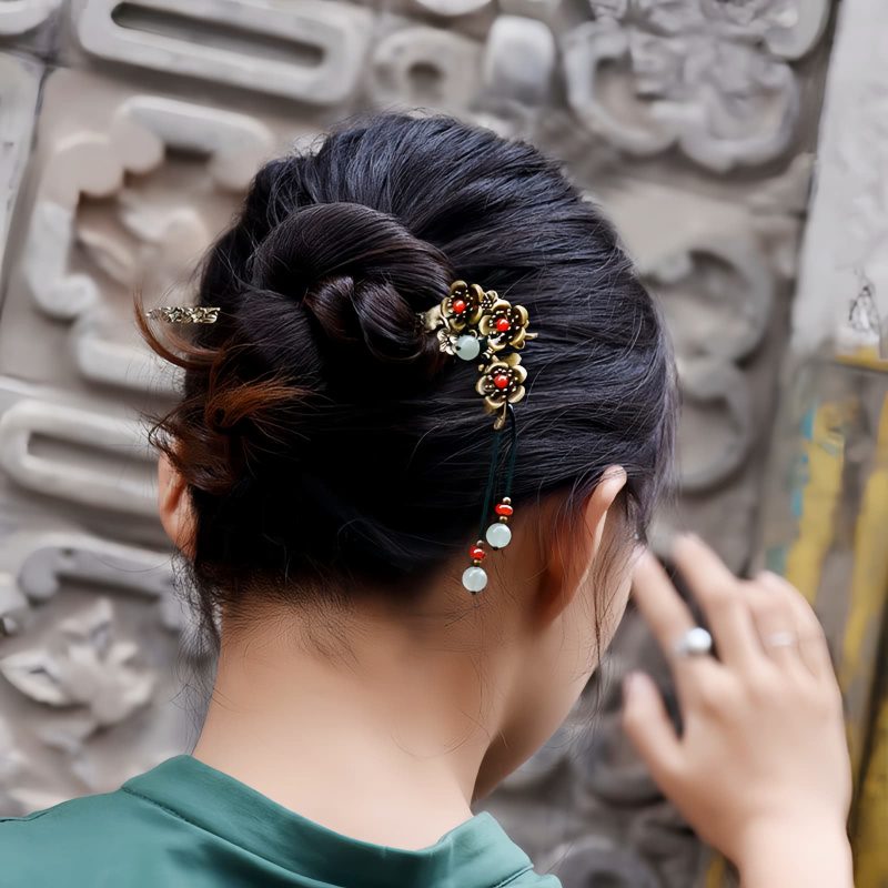 Horquilla Calmante con Aventurina Verde y Ágata Roja Floral Green Aventurine & Red Agate Floral Soothing Hairpin